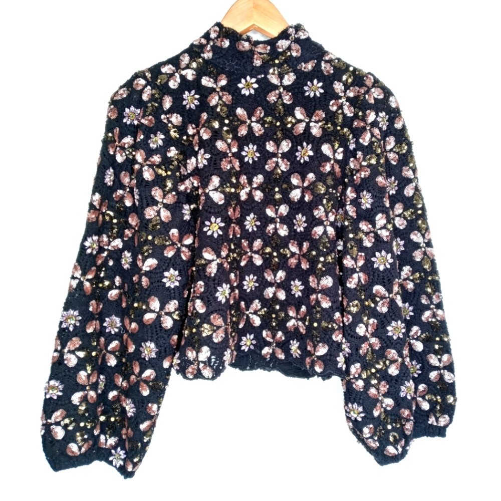 ZARA Knit Sequin Floral Embroidered Sweater